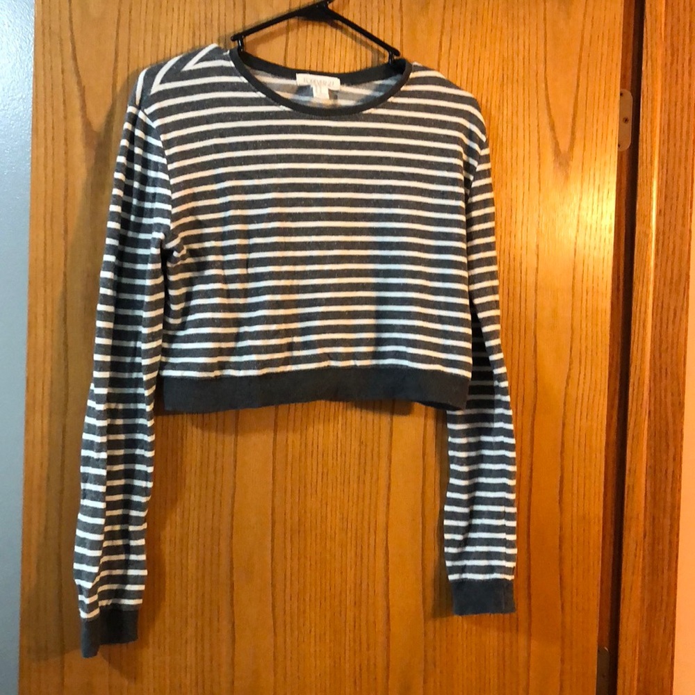 Gray and White Striped Crop Top Sweater